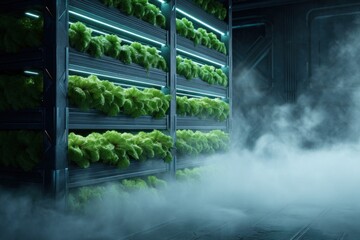 Futuristic Vertical Farm with Hydroponic Lettuce and Atmospheric Mist