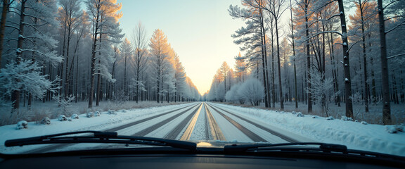 Winter road view through car windshield with snowy trees lining path