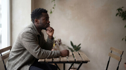 Pensive young man sitting alone at a rustic wooden table in a cozy indoor space surrounded by minimal greenery and natural light