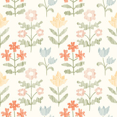 Seamless pattern with freehand ink doodle abstract flowers. Trendy floral embroidery stitch background. Hand drawn vector illustration. Boho, cottage core, needlework retro wallpaper.