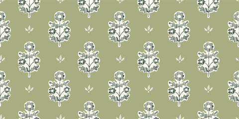 Seamless pattern with freehand ink doodle abstract flowers. Trendy green floral block print background. Hand drawn vector illustration. Boho, cottage core, embroidery retro wallpaper.