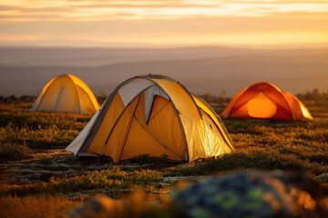 Golden Hour Camping in a Serene Mountain Landscape