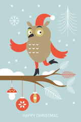 Christmas and New Years illustration, cute cartoon owl