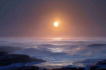 Dramatic Sunset Over Rocky Coastline and Misty Ocean