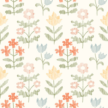 Seamless pattern with freehand ink doodle abstract flowers. Trendy floral embroidery stitch background. Hand drawn vector illustration. Boho, cottage core, needlework retro wallpaper.