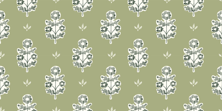 Seamless pattern with freehand ink doodle abstract flowers. Trendy green floral block print background. Hand drawn vector illustration. Boho, cottage core, embroidery retro wallpaper.