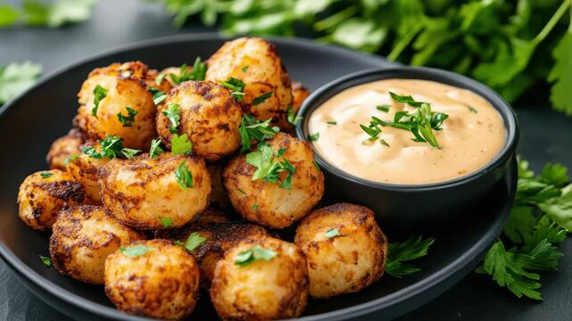Crispy golden potato ball croquettes fried potato crispy snack with creamy dipping sauce parsley