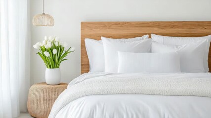 White minimalist bedroom with wooden headboard and bed, pillow and duvet, tulip bouquet evoking - Powered by Adobe