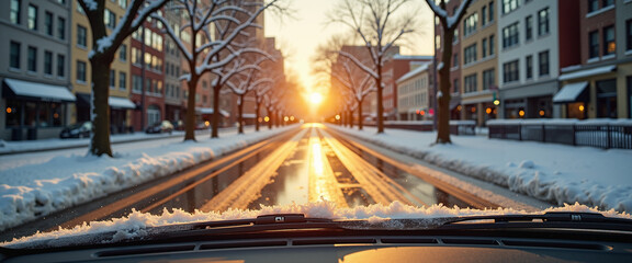 View from car dashboard with snow-covered street at sunrise with trees lining both sides