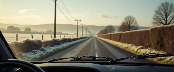 Scenic winter road view from car dashboard with snow-covered fields