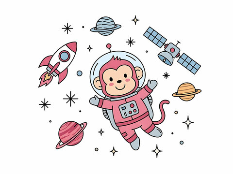 Cute cartoon monkey astronaut floating in space with rocket and planets