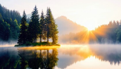 An island with trees in a lake reflecting the sunrise, with mist and mountains in the background.