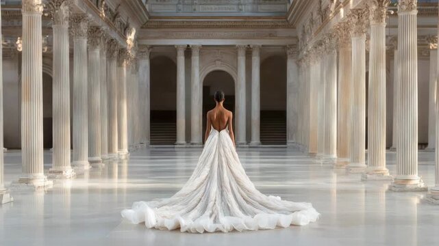 Elegant bride in flowing wedding gown and backless dress with train across grand hall marble floor