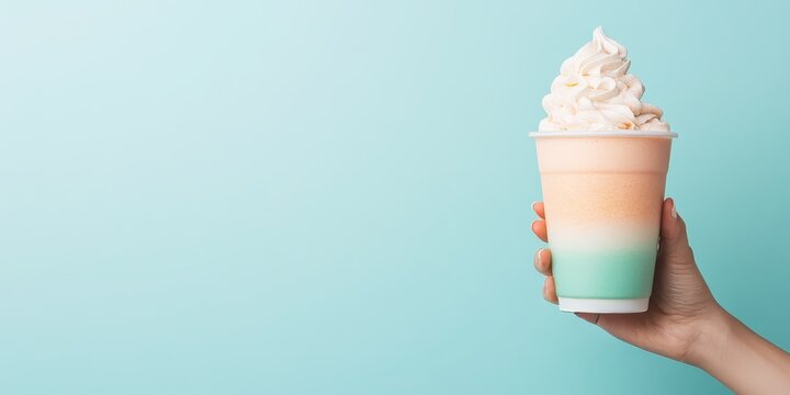 Hand holding colorful layered frozen drink topped with whipped cream against a pastel blue background, representing plant based refreshment and summer treats.