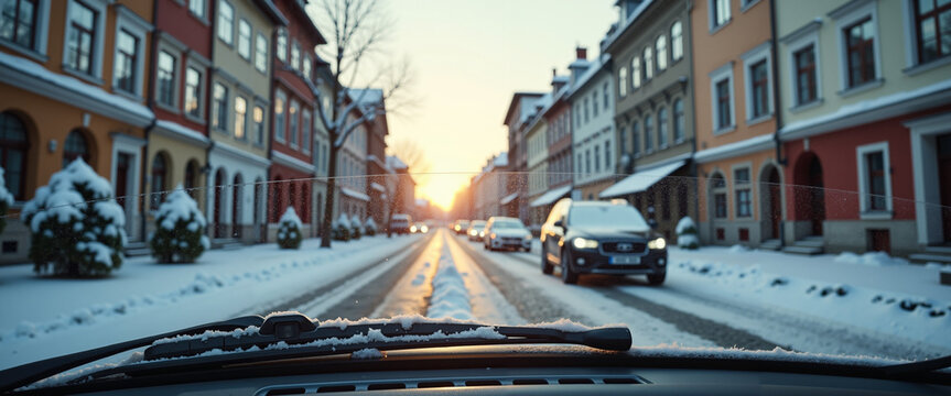 Winter street view from car dashboard with snow-covered houses at sunrise - Powered by Adobe