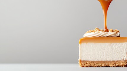 Creamy cheesecake slice topped with swirls of white cream and crumbled cookie, rich caramel sauce pouring over dessert, simple background for plant based eating theme