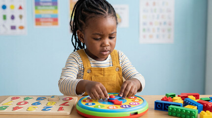 Curious young child engaged in hands on learning with colorful educational toys and puzzles in a bright classroom environment