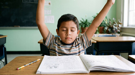 Young boy celebrating achievement with arms raised during classroom learning with open workbook on desk