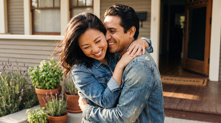 Joyful diverse couple embracing outdoors in casual denim jackets, smiling together in front of cozy suburban home entrance
