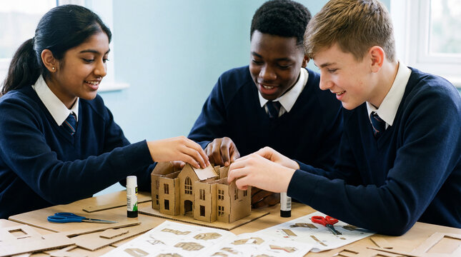 Diverse students building an architectural model together in a classroom, collaborating on a creative hands on learning project