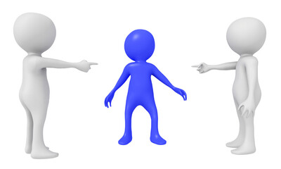 Zwei 3D Figuren zeigen mit dem Finger auf eine andere 3D Figur, Freisteller