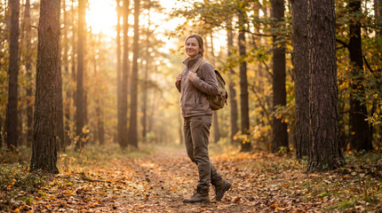 Young hiker walking through sunlit autumn forest with backpack, enjoying peaceful nature and golden leaves on woodland trail