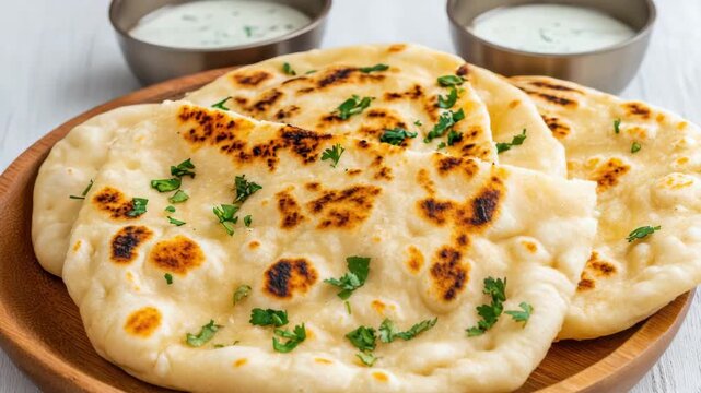 Soft grilled flatbread naan on plate garnished with chopped cilantro served with creamy yogurt dip