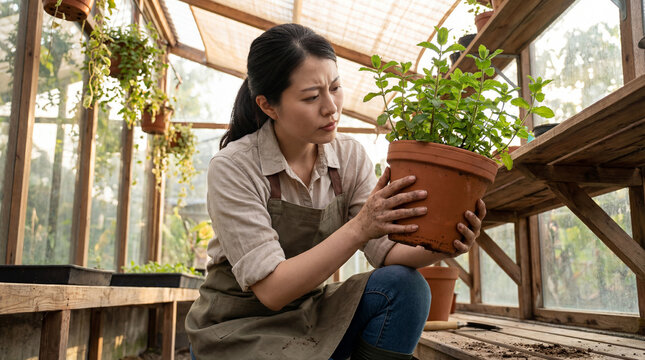 Focused woman inspecting healthy potted green mint plant in sunlit greenhouse, surrounded by wooden benches and lush foliage - Powered by Adobe