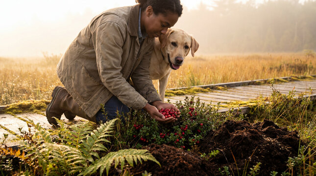 Woman foraging wild berries on wooden path with loyal labrador dog in misty autumn field at sunrise