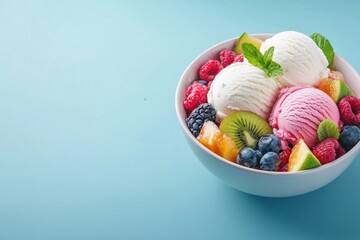 Colorful bowl of ice cream scoops with fresh mixed berries, kiwi slices, and mint leaves on light blue background, creating refreshing and vibrant dessert presentation