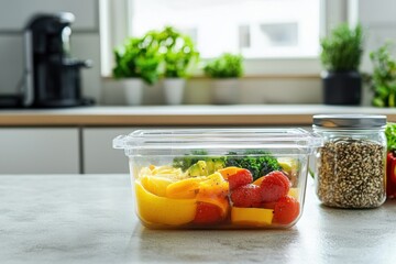 Healthy meal prep container filled with fresh broccoli, cherry tomatoes, yellow bell pepper, and lemon slices on kitchen counter with jar of seeds and plants in background