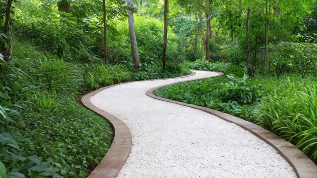 Serene winding garden path with white pebble surface and lush green foliage