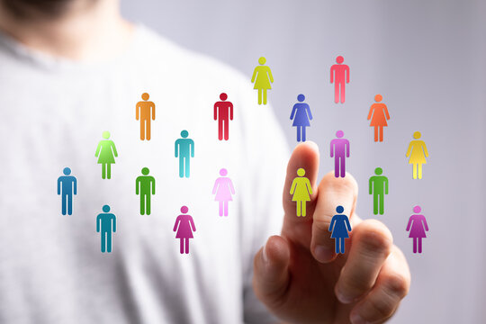 Connecting diverse people through technology. Person interacting with futuristic digital human network interface concept. Online community conce