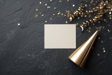 Elegant Celebration Mockup - Blank Card with Golden Party Hat and Confetti on Dark Slate.
