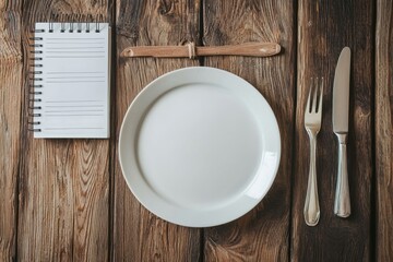 Empty white plate with fork and knife placed on rustic wooden table next to blank spiral notebook, creating simple and inviting dining setup