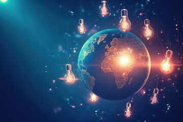 Glowing digital globe surrounded by hanging illuminated light bulbs, symbolizing global innovation, ideas, and technology in futuristic blue and orange color scheme