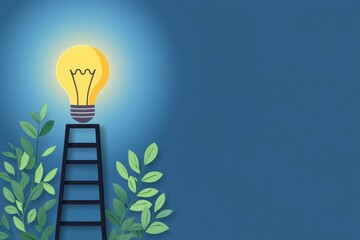 Glowing light bulb above black ladder surrounded by green leaves on blue background symbolizes growth, creativity, and climb towards new ideas and innovation