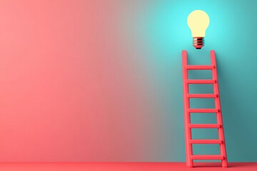 Red ladder stands against blue and pink gradient wall, leading up to glowing light bulb symbolizing bright ideas and creative thinking in minimalistic setting