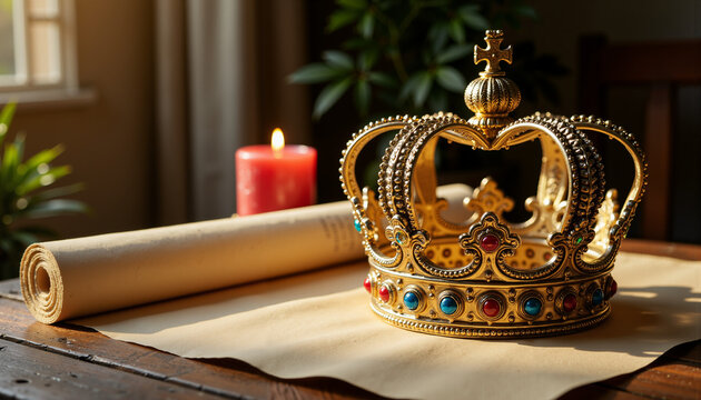 Royal crown display beside scroll and candle in modern casual style  