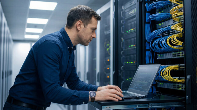 It specialist monitoring network systems in modern data center with laptop, analyzing server performance and secure connections