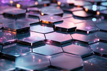 Interlocking hexagonal tiles with reflective surfaces create futuristic and vibrant pattern in soft purple and blue lighting, evoking modern and dynamic atmosphere