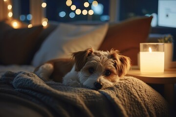 Small dog resting on cozy blanket on bed with warm candlelight and soft bokeh lights in background creating peaceful and comforting atmosphere