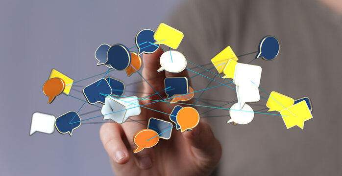 Abstract network of speech bubbles connected by lines, representing communication and social media connection. - Powered by Adobe