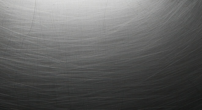 Industrial brushed metal surface with light reflection and abstract circular scratch textures in a modern metallic background