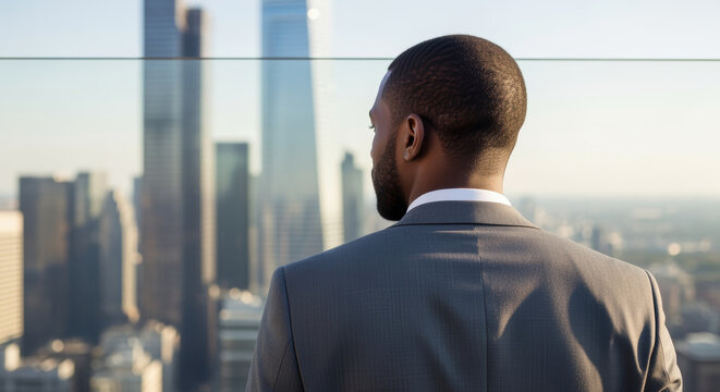 Businessman in a gray suit overlooking modern urban skyscrapers from a rooftop, contemplating future opportunities and growth
