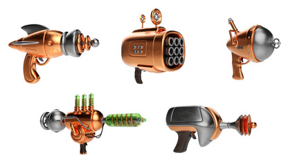 Set of futuristic space weapons, ray guns or laser blasters in cartoon retro style. 3d illustration isolated on white background.