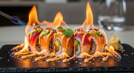 Flaming sushi rolls being torched for dramatic effect