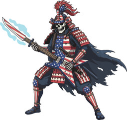 Obraz premium Skeleton Samurai Guitarist in Patriotic American Armor a Unique Digital Illustration