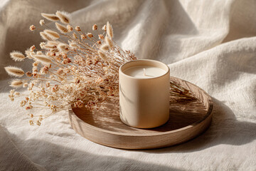 Beige Candle and Decor on Wooden Tray