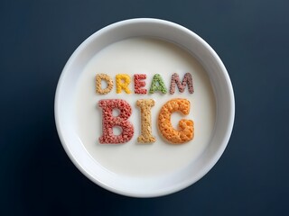 Cereal letters spelling Dream Big floating in a milk bowl on a navy background.